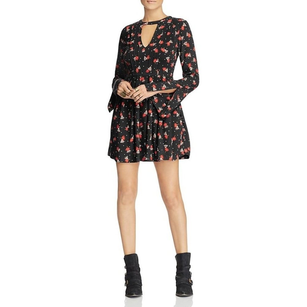 Free People Tegan Floral Keyhole Long Sleeve Mini Dress Black Red size 0